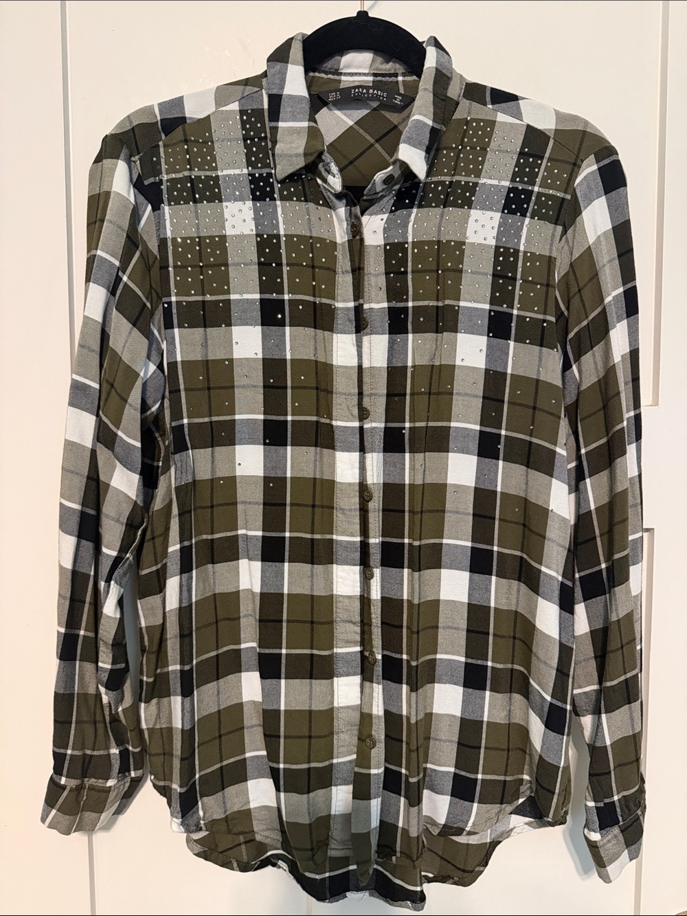 ZARA BASIC Olive Plaid Button-Up Shirt with Rhinestone Accents